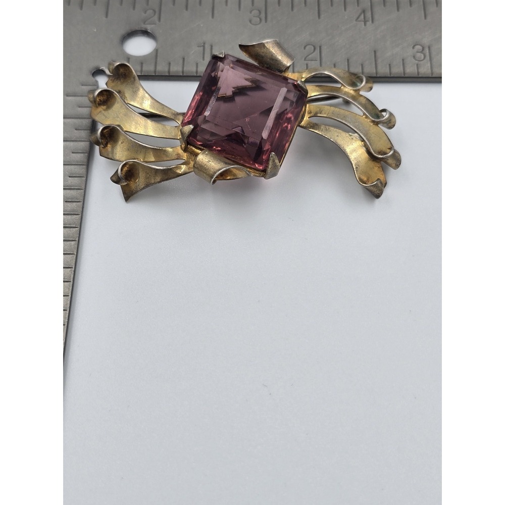 Vintage Sterling Gold Tone Purple Faceted Glass Brooch Pin Art Deco - Picture 13 of 14